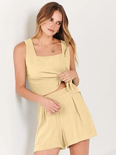 ANRABESS Conjuntos de 2 piezas para mujer Conjuntos de salón a juego Pantalones cortos de lino y top corto Conjunto Primavera Verano 2023 Ropa de moda Trajes de vacaciones 997xingse-S