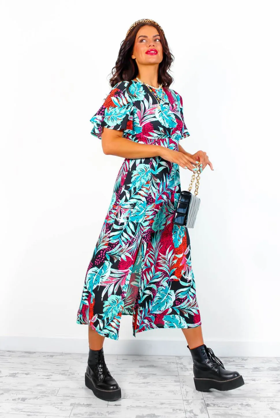 Lets Split - Magenta Turquoise Tropical Print Midi Dress