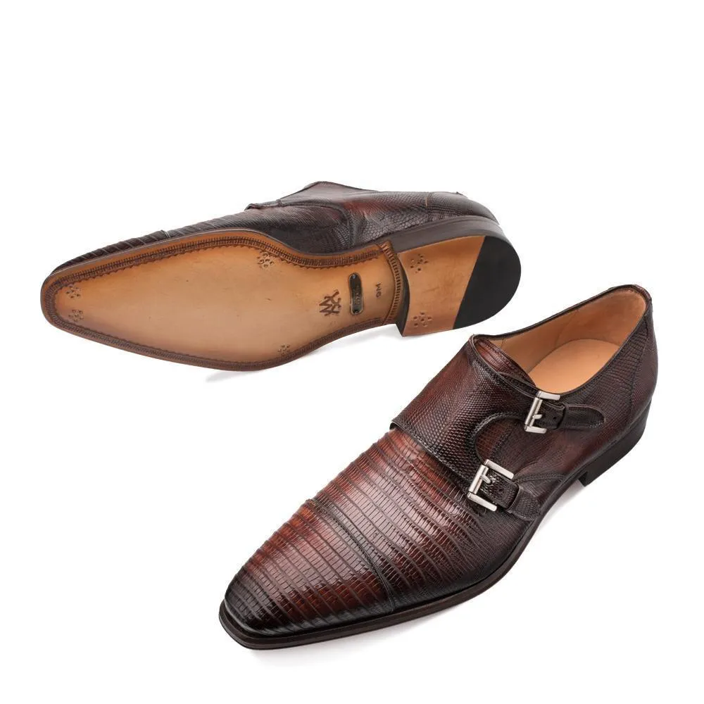 Mezlan Argentum Men's Designer Shoes Cognac Exotic Lizard-Skin Cap-Toe Monk-Straps Loafers 4591-L (MZ3195)