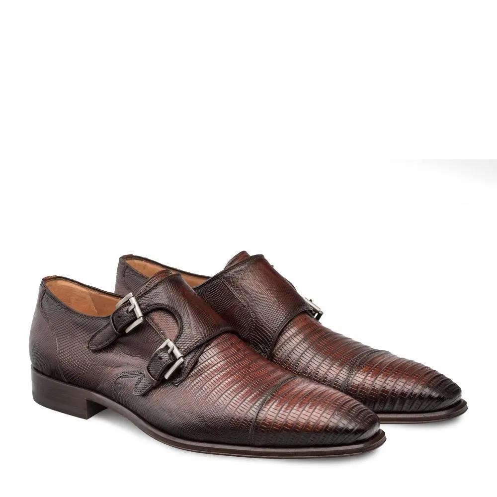 Mezlan Argentum Men's Designer Shoes Cognac Exotic Lizard-Skin Cap-Toe Monk-Straps Loafers 4591-L (MZ3195)