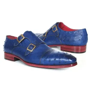 Paul Parkman Sax Blue Genuine Ostrich Double Monkstraps (ID#37U33)