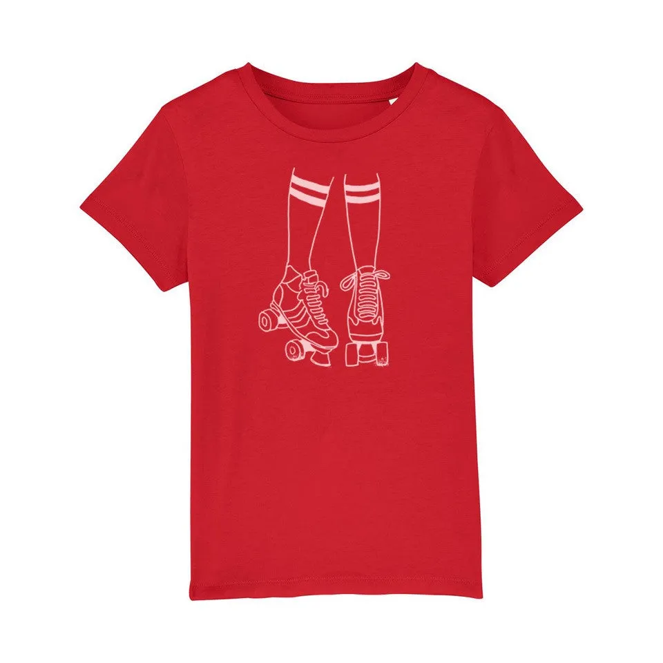 Roller Skates Kids Tshirt Red & Pale Pink