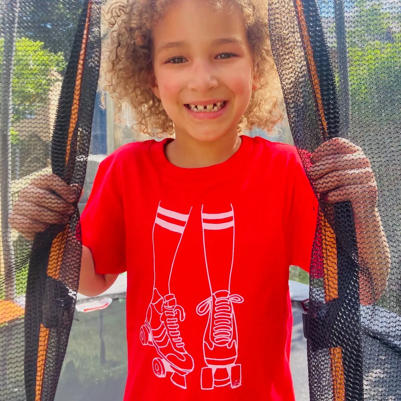 Roller Skates Kids Tshirt Red & Pale Pink
