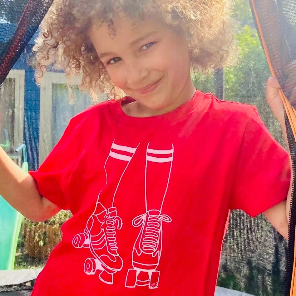 Roller Skates Kids Tshirt Red & Pale Pink