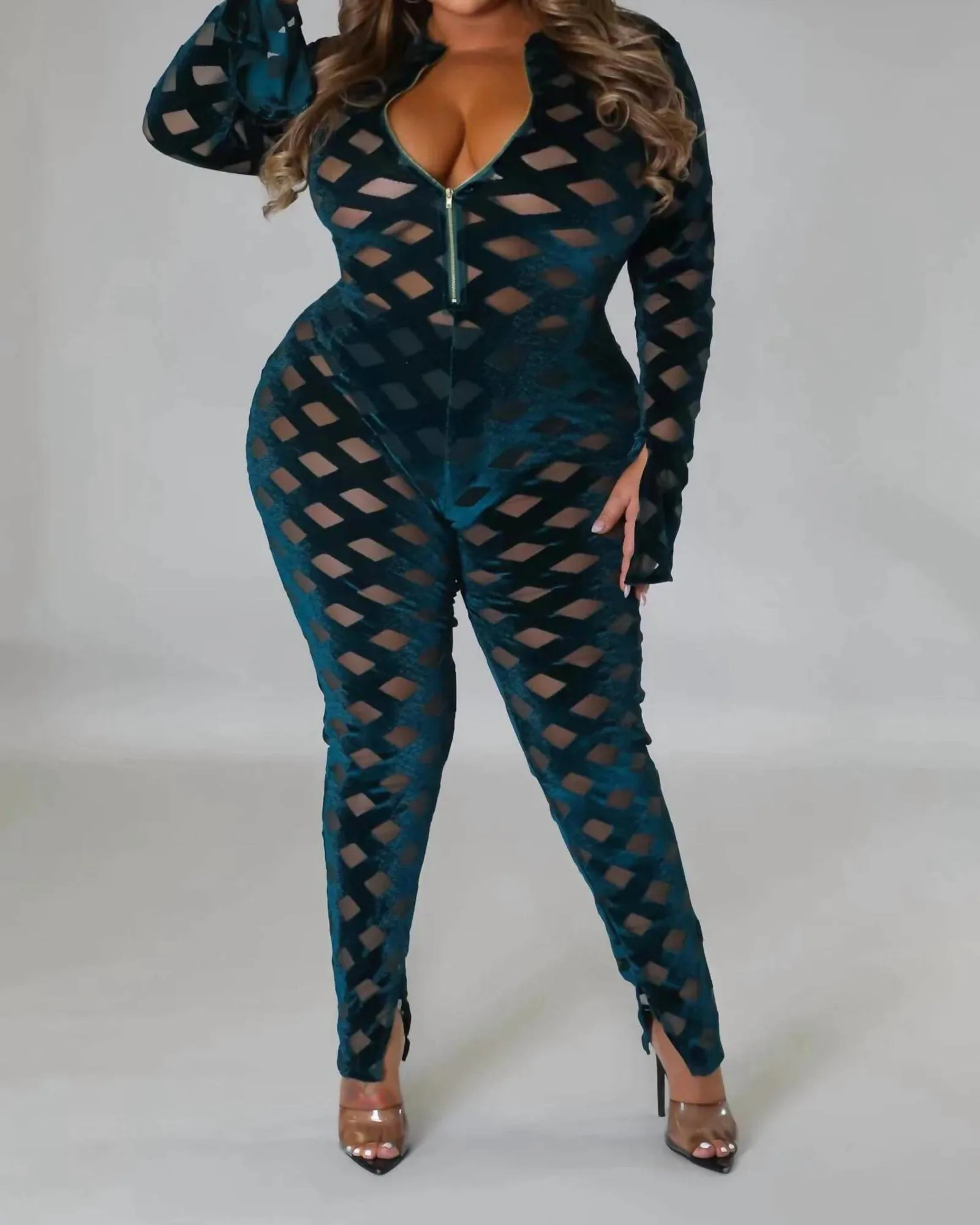 Velvet Cross Mesh Jumpsuit In Navy | Navy