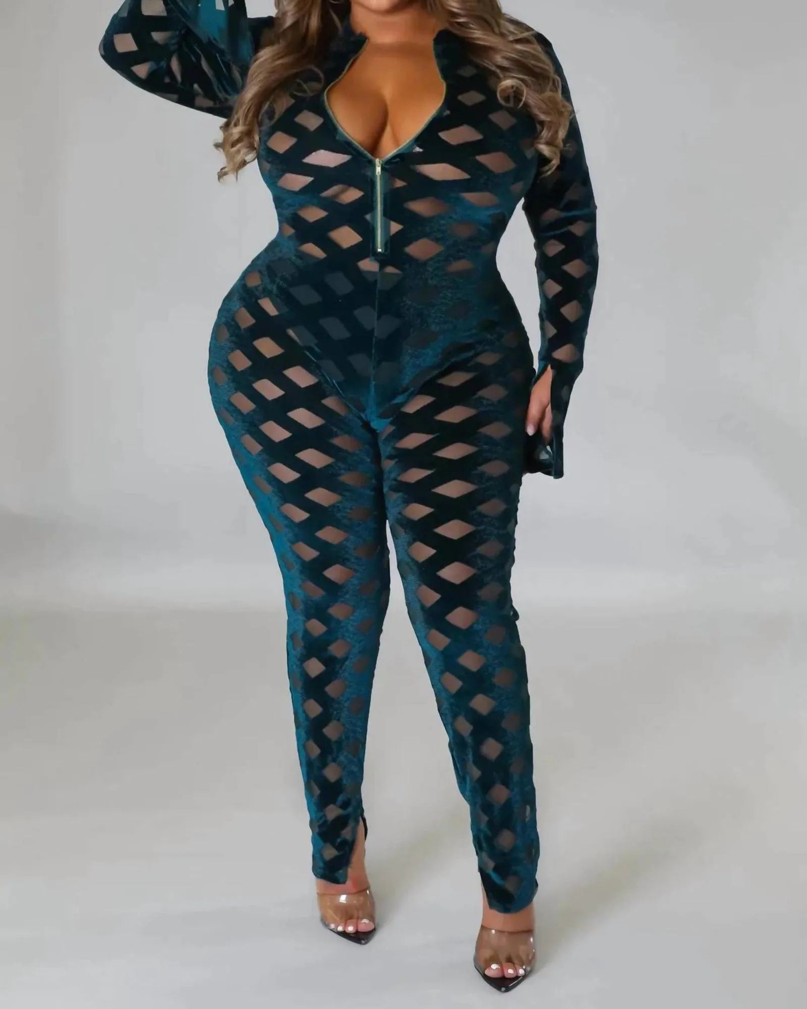 Velvet Cross Mesh Jumpsuit In Navy | Navy